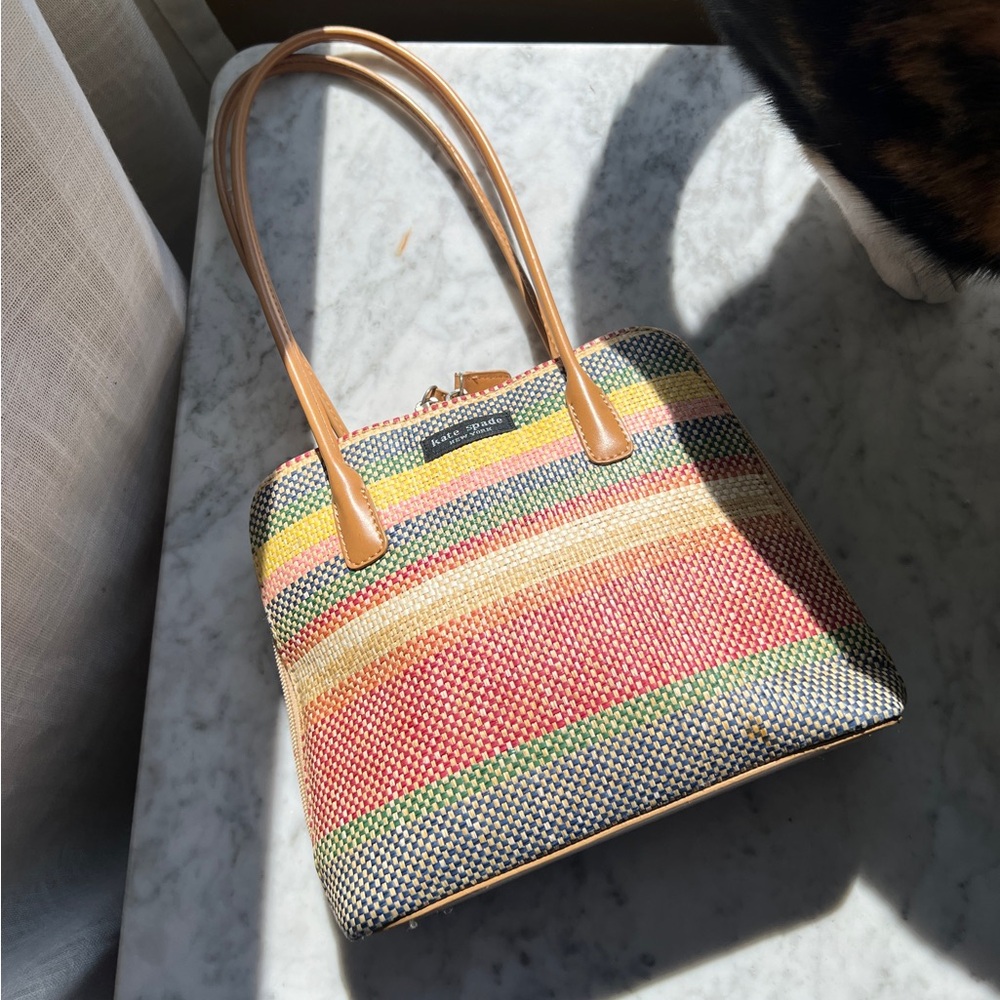Kate Spade New York Multicolor Woven Tote Bag with Tan Handles